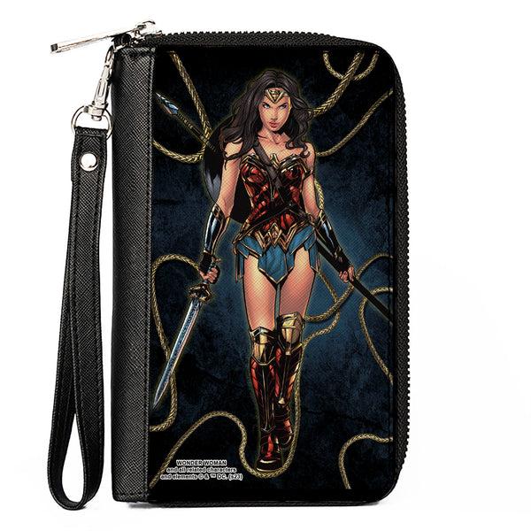 Buckle-Down PU Zip Around Wallet Rectangle - Wonder Woman 2017 Standing Swords Pose with Lasso of Truth Blues/Golds