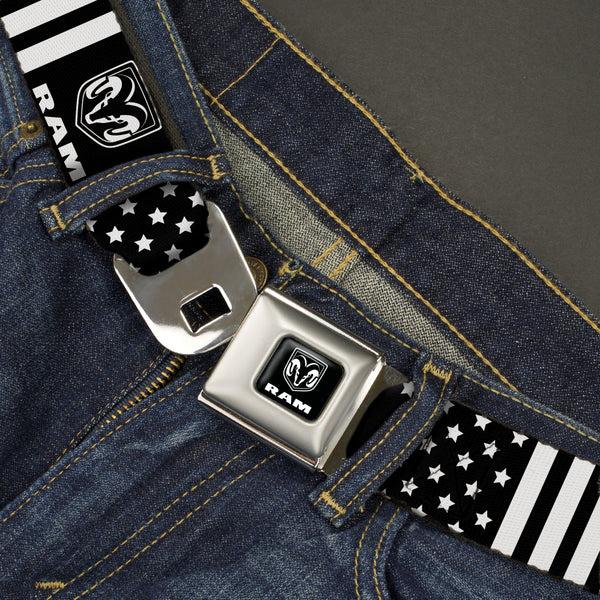 Buckle-Down RAM Logo Full Color Black/White Seatbelt Belt - RAM Logo Americana Stars And Stripes Black/White Webbing
