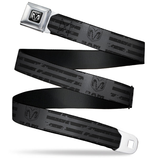 Buckle-Down RAM Logo Full Color Black/White Seatbelt Belt - Ram Logo Americana Stripes Weathered Gray/Black Webbing