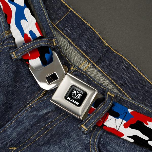 Buckle-Down RAM Logo Full Color Black/White Seatbelt Belt - Ram Americana Camo Red/White/Blue/Black Webbing