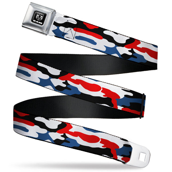 Buckle-Down RAM Logo Full Color Black/White Seatbelt Belt - Ram Americana Camo Red/White/Blue/Black Webbing