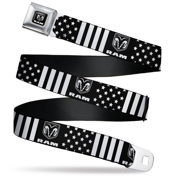 Buckle-Down RAM Logo Full Color Black/White Seatbelt Belt - RAM Logo Americana Stars And Stripes Black/White Webbing