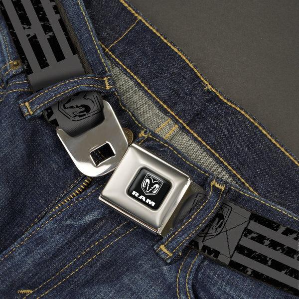 Buckle-Down Ram Seatbelt Belt - Ram Logo Americana Stripes Weathered Gray/Black Webbing