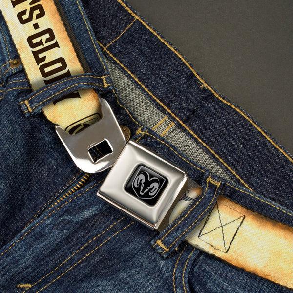 Buckle-Down Ram Seatbelt Belt - RAM Logo/Pistons/GUTS-GLORY Weathered/Chocolate Brown Webbing