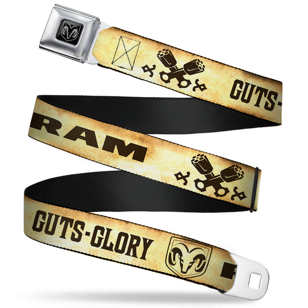 Buckle-Down Ram Seatbelt Belt - RAM Logo/Pistons/GUTS-GLORY Weathered/Chocolate Brown Webbing