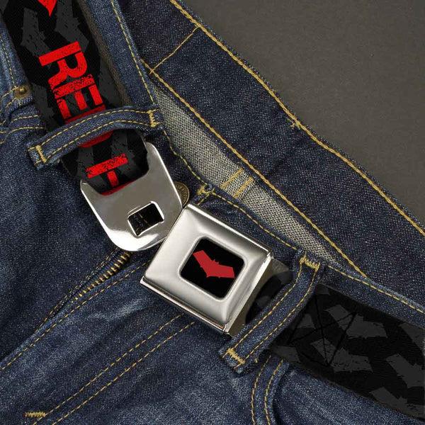 Buckle-Down Red Hood Logo Full Color Black Red Seatbelt Belt - RED HOOD/Logo Weathered Black/Gray/Red Webbing
