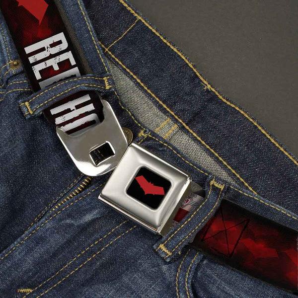 Buckle-Down Red Hood Logo Full Color Black Red Seatbelt Belt - RED HOOD/Face/Logo Weathered Black/Reds/White Webbing