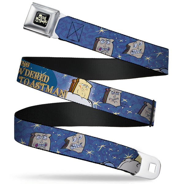 Buckle-Down Ren & Stimpy Pose Full Color Black Seatbelt Belt - Powdered Toastman in Sky CALLING POWDERED TOASTMAN Blue/Yellow Webbing