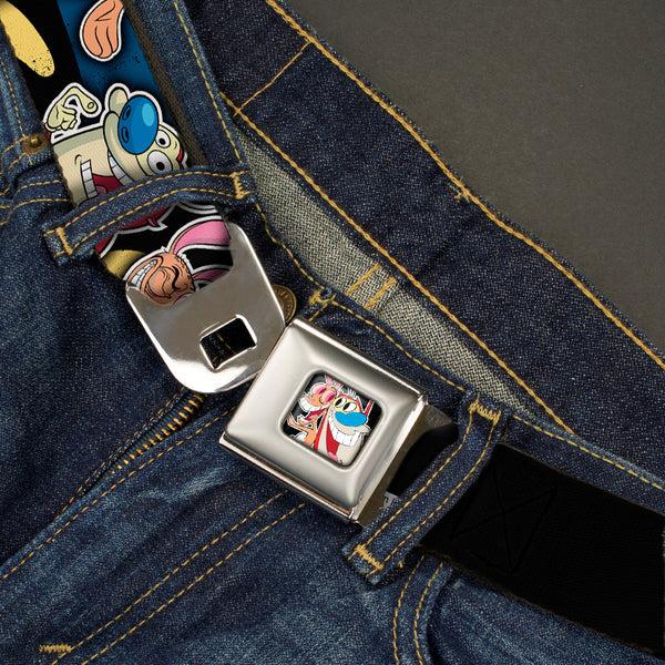 Buckle-Down Ren & Stimpy Pose Full Color Black Seatbelt Belt - REN & STIMPY Poses Black/Blue/Yellow Webbing