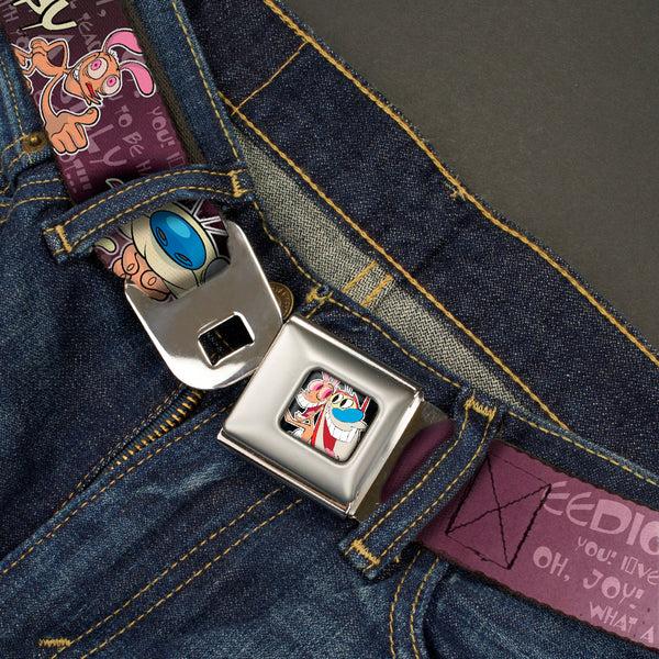 Buckle-Down Ren & Stimpy Pose Full Color Black Seatbelt Belt - REN & STIMPY Poses Text Purples Webbing
