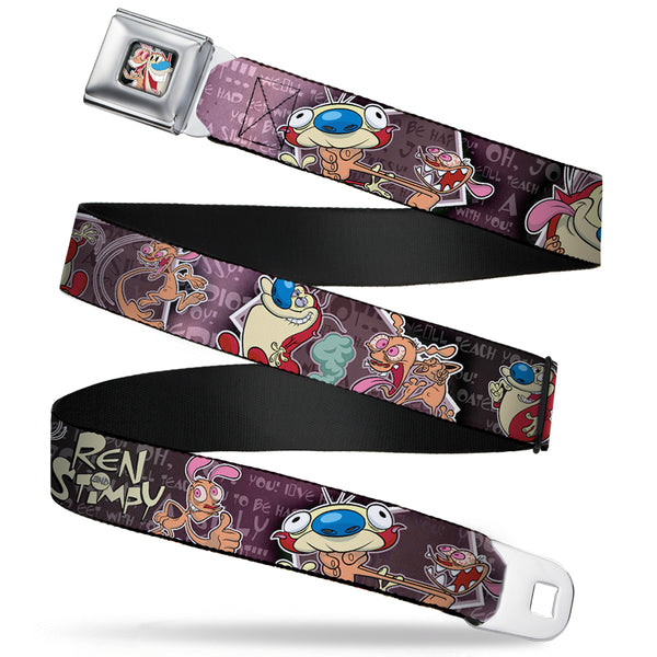 Buckle-Down Ren & Stimpy Pose Full Color Black Seatbelt Belt - REN & STIMPY Poses Text Purples Webbing