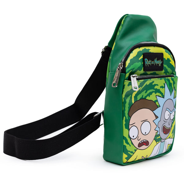 Buckle-Down Rick And Morty Bag Sling Rick And Morty Get Schwifty Portal Pose Greens Bounding Vegan Leather