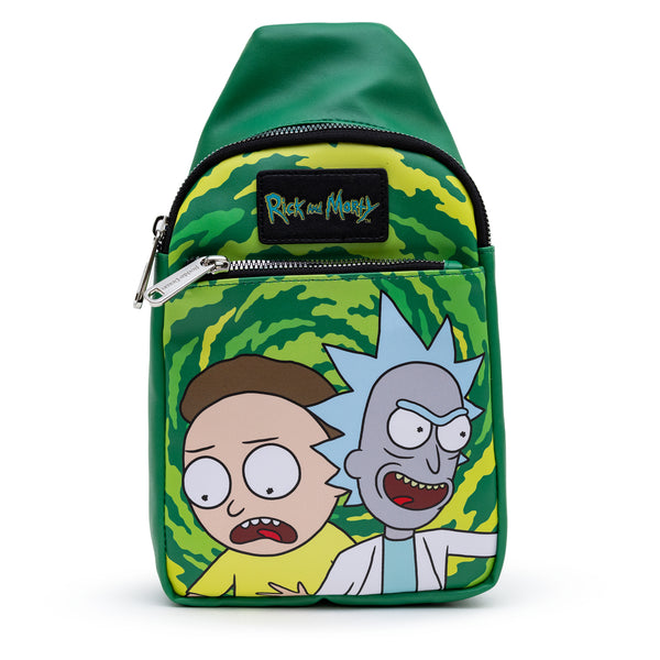Buckle-Down Rick and Morty Bag Sling Rick and Morty Get Schwifty Portal Pose Greens Bounding Vegan Leather