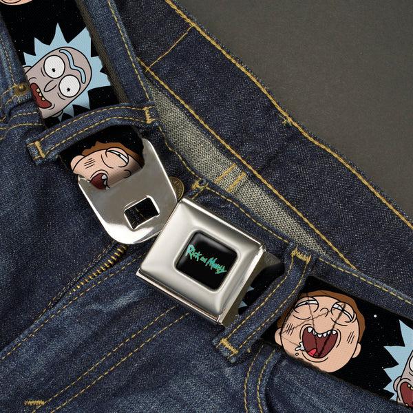 Buckle-Down RICK AND MORTY Text Logo Full Color Black/Blue Seatbelt Belt - Rick And Morty Expressions In Space Webbing