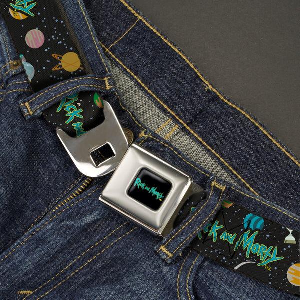 Buckle-Down RICK AND MORTY Text Logo Full Color Black/Blue Seatbelt Belt - RICK AND MORTY Title Logo Space Black Webbing