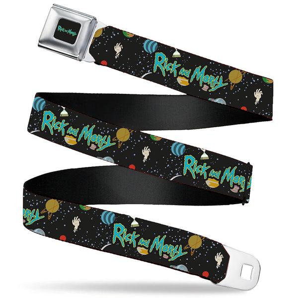 Buckle-Down RICK AND MORTY Text Logo Full Color Black/Blue Seatbelt Belt - RICK AND MORTY Title Logo Space Black Webbing