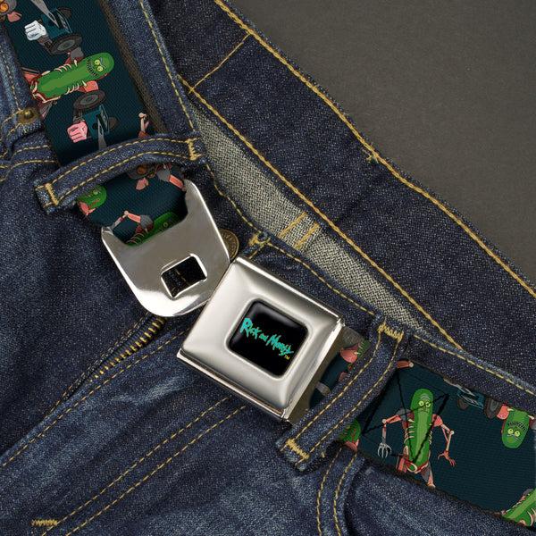 Buckle-Down RICK AND MORTY Text Logo Full Color Black/Blue Seatbelt Belt - Rick And Morty Pickle Rick Rat Suit Poses Scattered Black Webbing