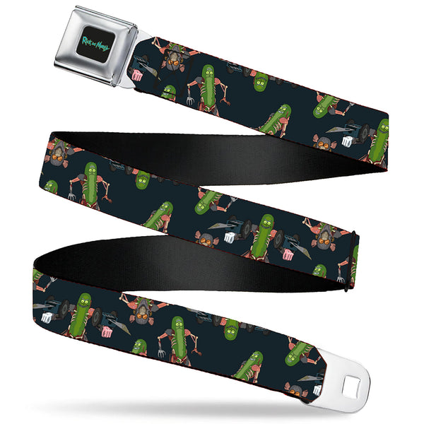 Buckle-Down RICK AND MORTY Text Logo Full Color Black/Blue Seatbelt Belt - Rick And Morty Pickle Rick Rat Suit Poses Scattered Black Webbing
