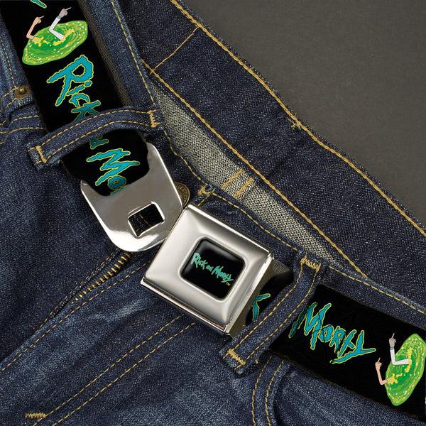 Buckle-Down RICK AND MORTY Text Logo Full Color Black/Blue Seatbelt Belt - RICK AND MORTY Title Logo And Middle Finger Portal Jump Black Webbing