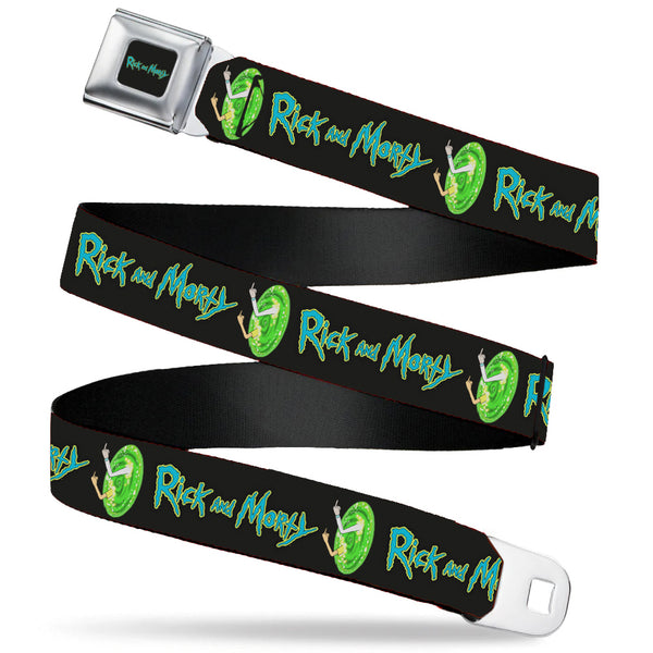 Buckle-Down RICK AND MORTY Text Logo Full Color Black/Blue Seatbelt Belt - RICK AND MORTY Title Logo and Middle Finger Portal Jump Black Webbing