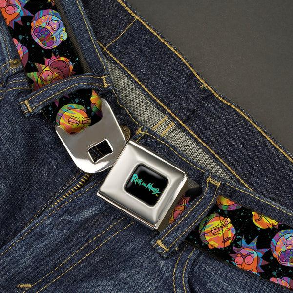 Buckle-Down RICK AND MORTY Text Logo Full Color Black/Blue Seatbelt Belt - Rick And Morty Vaporwave Expressions Scattered Black/Multi Color Webbing