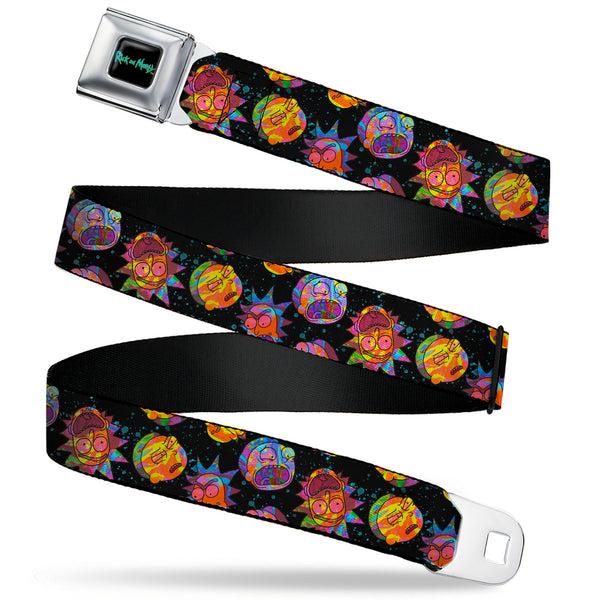 Buckle-Down RICK AND MORTY Text Logo Full Color Black/Blue Seatbelt Belt - Rick and Morty Vaporwave Expressions Scattered Black/Multi Color Webbing