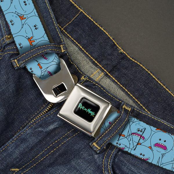 Buckle-Down RICK AND MORTY Text Logo Full Color Black/Blue Seatbelt Belt - Rick And Morty Kirkland Meeseeks And Meeseeks Expressions Blue/Red Webbing