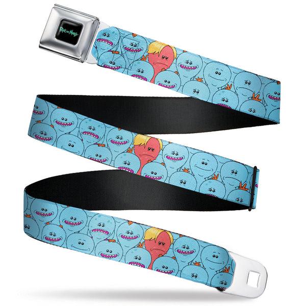 Buckle-Down RICK AND MORTY Text Logo Full Color Black/Blue Seatbelt Belt - Rick and Morty Kirkland Meeseeks and Meeseeks Expressions Blue/Red Webbing