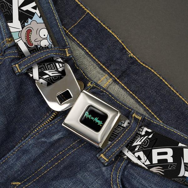 Buckle-Down RICK AND MORTY Text Logo Full Color Black/Blue Seatbelt Belt - Rick And Morty FEAR HOLE Pose And Text Black/White Webbing