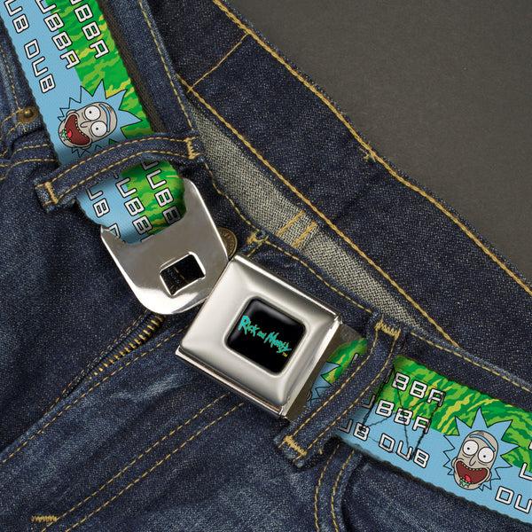 Buckle-Down RICK AND MORTY Text Logo Full Color Black/Blue Seatbelt Belt - Rick And Morty Rick WUBBA LUBBA DUB DUB Face Greens/Blue Webbing