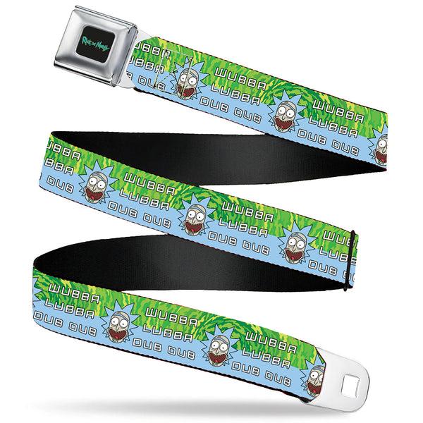 Buckle-Down RICK AND MORTY Text Logo Full Color Black/Blue Seatbelt Belt - Rick and Morty Rick WUBBA LUBBA DUB DUB Face Greens/Blue Webbing