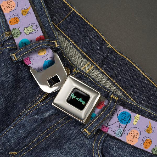 Buckle-Down RICK AND MORTY Text Logo Full Color Black/Blue Seatbelt Belt - Rick And Morty Colorful Faces Collage Lavender Webbing