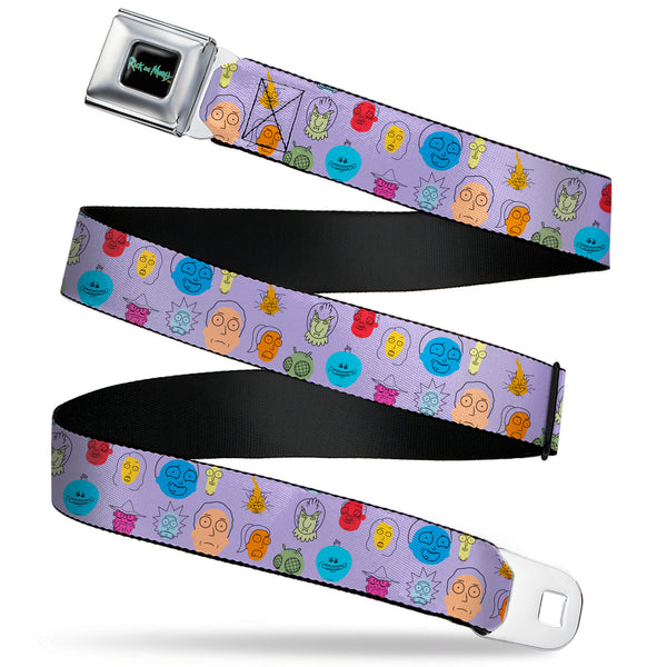 Buckle-Down RICK AND MORTY Text Logo Full Color Black/Blue Seatbelt Belt - Rick and Morty Colorful Faces Collage Lavender Webbing