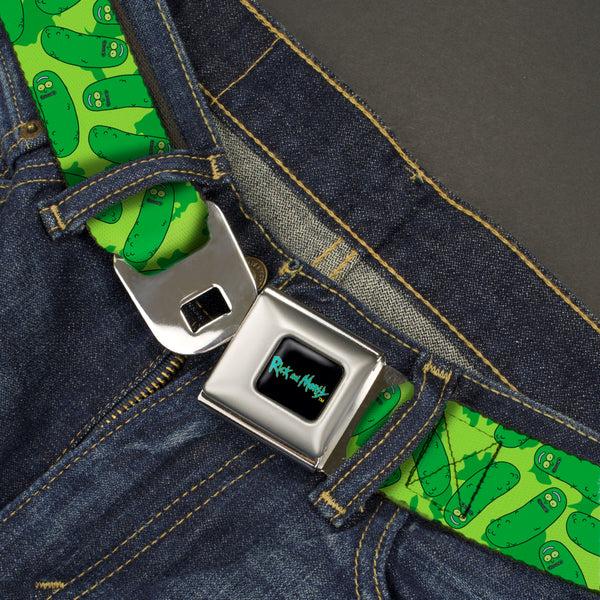 Buckle-Down RICK AND MORTY Text Logo Full Color Black/Blue Seatbelt Belt - Rick And Morty Pickle Rick Scattered Greens Webbing