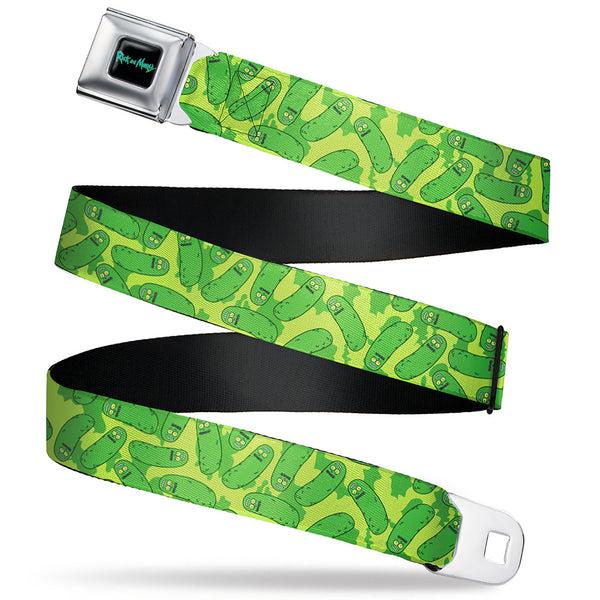 Buckle-Down RICK AND MORTY Text Logo Full Color Black/Blue Seatbelt Belt - Rick and Morty Pickle Rick Scattered Greens Webbing