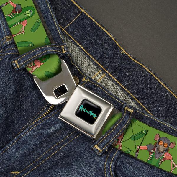 Buckle-Down RICK AND MORTY Text Logo Full Color Black/Blue Seatbelt Belt - Rick And Morty Pickle Rick Rat Suit Poses Green Webbing