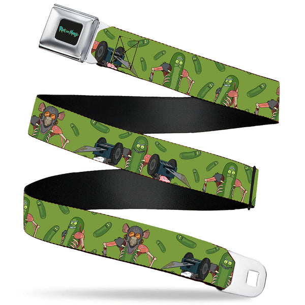 Buckle-Down RICK AND MORTY Text Logo Full Color Black/Blue Seatbelt Belt - Rick and Morty Pickle Rick Rat Suit Poses Green Webbing