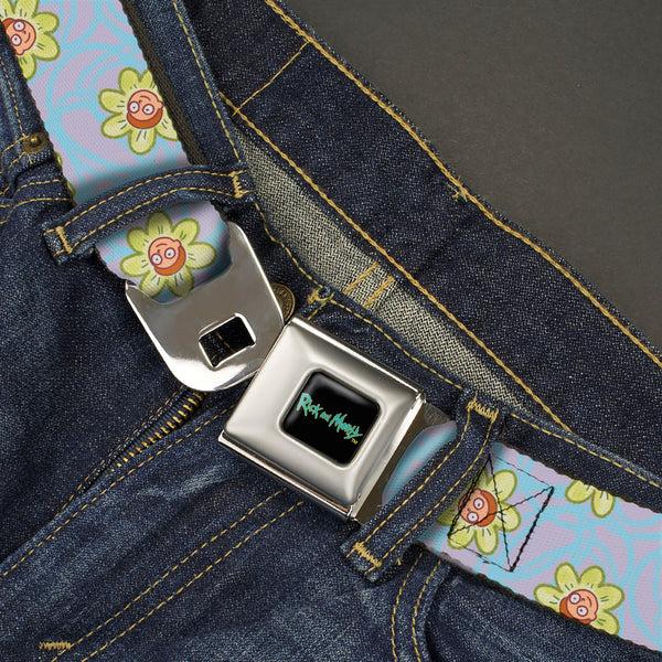 Buckle-Down RICK AND MORTY Text Logo Full Color Black/Blue Seatbelt Belt - Rick & Morty Morty Face Flowers Scattered Doodle Blue/Lavender Webbing