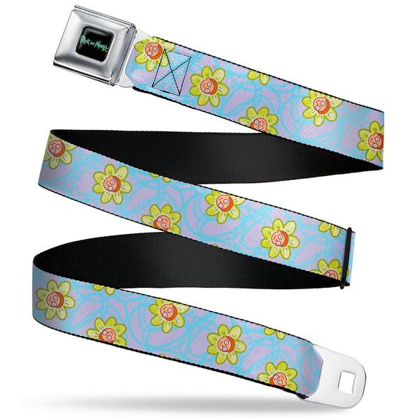 Buckle-Down RICK AND MORTY Text Logo Full Color Black/Blue Seatbelt Belt - Rick & Morty Morty Face Flowers Scattered Doodle Blue/Lavender Webbing