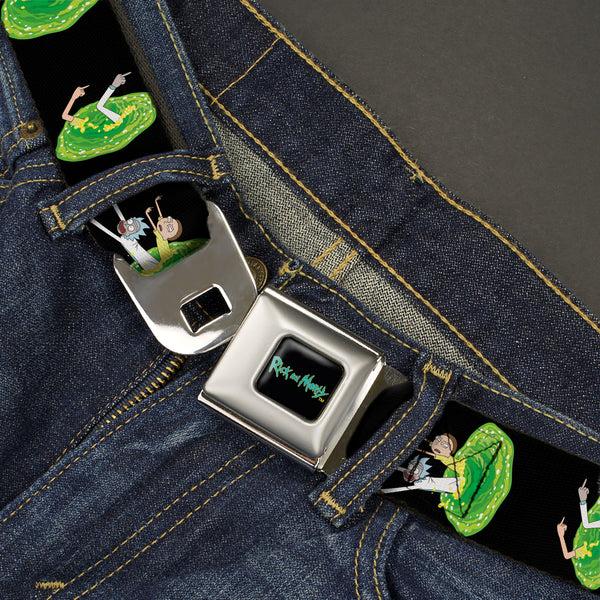 Buckle-Down RICK AND MORTY Text Logo Full Color Black/Blue Seatbelt Belt - Rick And Morty Middle Finger Portal Jump Poses Black Webbing