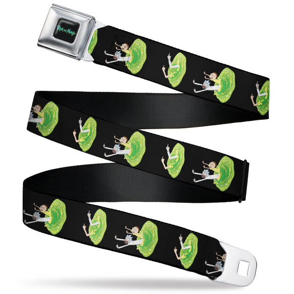 Buckle-Down RICK AND MORTY Text Logo Full Color Black/Blue Seatbelt Belt - Rick and Morty Middle Finger Portal Jump Poses Black Webbing