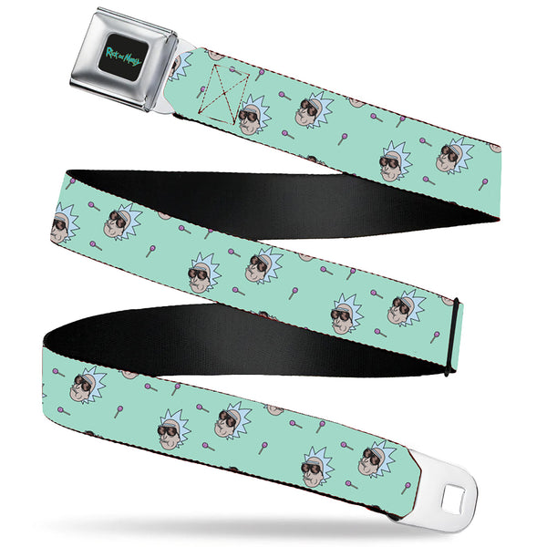 Buckle-Down RICK AND MORTY Text Logo Full Color Black/Blue Seatbelt Belt - Rick and Morty Rick Lollipop Pose Scattered Teal Webbing