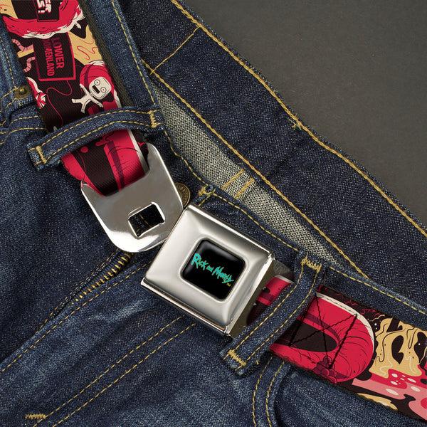 Buckle-Down RICK AND MORTY Text Logo Full Color Black/Blue Seatbelt Belt - Rick And Morty Anatomy Park Collage Reds/Black Webbing