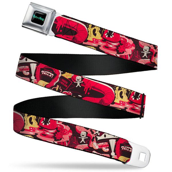 Buckle-Down RICK AND MORTY Text Logo Full Color Black/Blue Seatbelt Belt - Rick and Morty Anatomy Park Collage Reds/Black Webbing