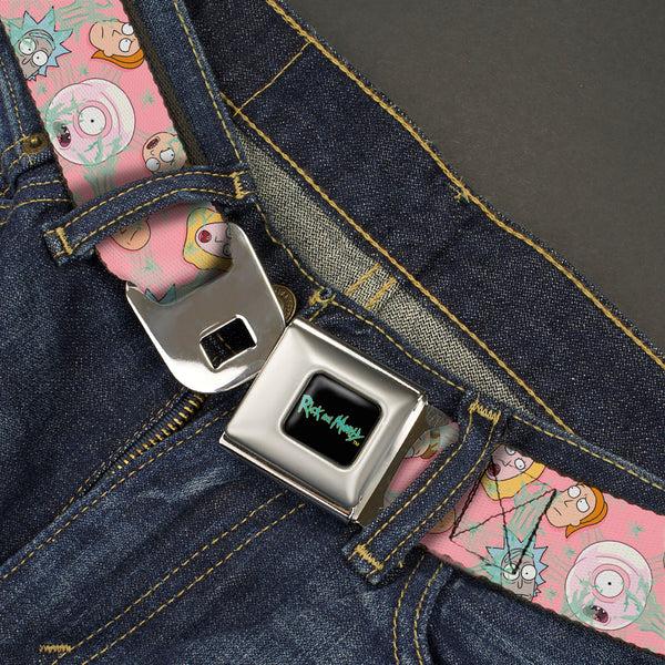 Buckle-Down RICK AND MORTY Text Logo Full Color Black/Blue Seatbelt Belt - Rick & Morty Smith Family And Sticky Faces Scattered Pink Webbing
