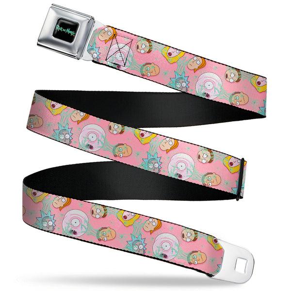 Buckle-Down RICK AND MORTY Text Logo Full Color Black/Blue Seatbelt Belt - Rick & Morty Smith Family and Sticky Faces Scattered Pink Webbing
