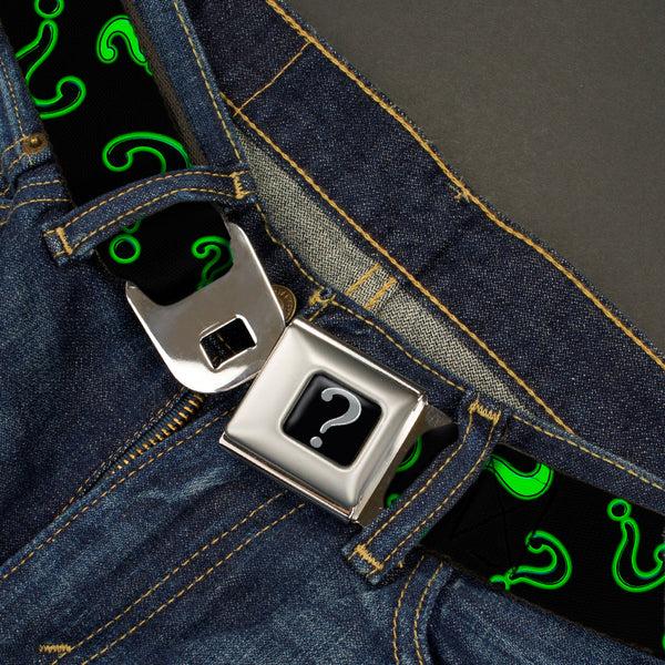 Buckle-Down Riddler "?" Black Silver Seatbelt Belt - Question Mark Scattere2 Black/Neon Green Webbing