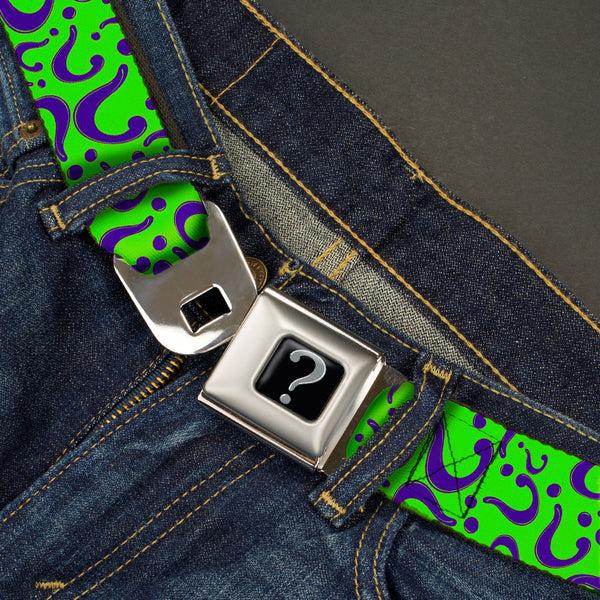 Buckle-Down Riddler "?" Black Silver Seatbelt Belt - Question Mark Scattered Lime Green/Purple Webbing