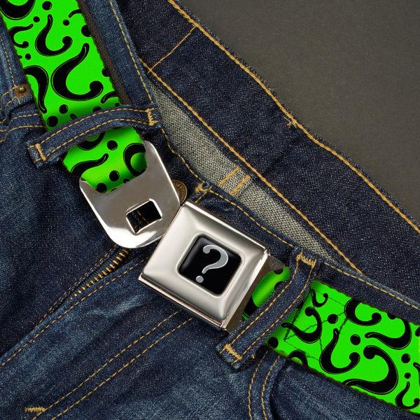 Buckle-Down Riddler "?" Black Silver Seatbelt Belt - Question Mark Scattered Lime Green/Black Webbing