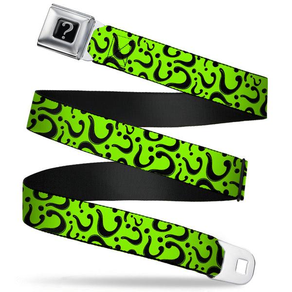 Buckle-Down Riddler "?" Black Silver Seatbelt Belt - Question Mark Scattered Lime Green/Black Webbing